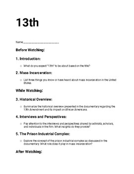 Preview of Guided movie worksheet for the movie 13th