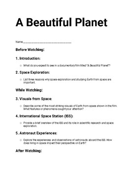 Preview of Guided movie worksheet for the movie A Beautiful Planet