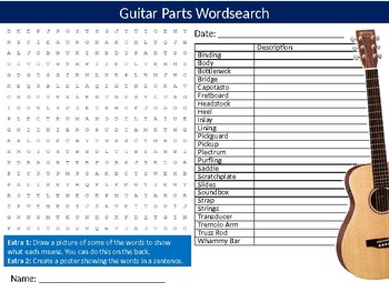 Guitar Parts Wordsearch Puzzle Sheet Keywords Music Instruments Tpt