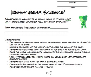 Preview of Gummy bear lab/ hypothesis, object volume, graph interpretation lab