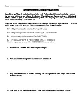 Preview of "Guns, Germs, and Steel" Video Viewing Questions Worksheet