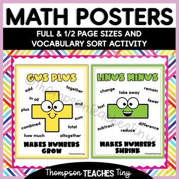 Preview of Gus Plus & Linus Minus Math Posters and Vocabulary Sort **Freebie**
