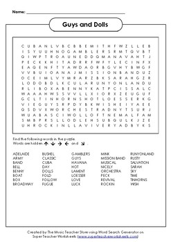 Preview of Guys and Dolls Word Search ONLINE,VIRTUAL