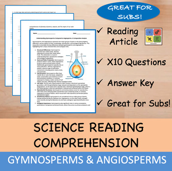 Preview of Gymnosperms compared to Angiosperm Reading Passage and x 10 Questions (EDITABLE)