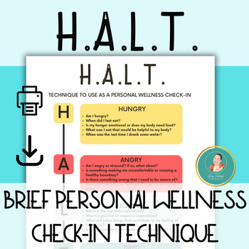 Preview of H.A.L.T. Brief Personal Wellness Check-in Technique, Free Printable