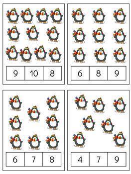 Preview of H012 (GOOGLE): WINTER|PENGUIN (#0-11) counting quantities clip cards (3pgs)