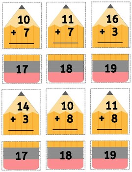 Preview of H1017 (PDF): PENCILS (adding) (sum:9to20) 2 part cards (4pgs)