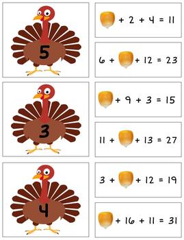 Preview of H1044 (GOOGLE): TURKEY (adding 3 numbers) (sum: 10to33) sorting cards (4pgs)