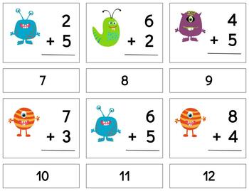Preview of H1047 (GOOGLE): MONSTERS (vertical) adding (sum:1to18) 2 part cards (3pgs) 