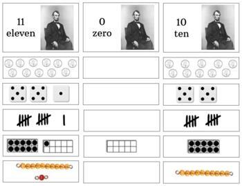 Preview of H127: (GOOGLE) PRESIDENT (Lincoln) #0-11 (ten frame\beads\tally\dice\objects)