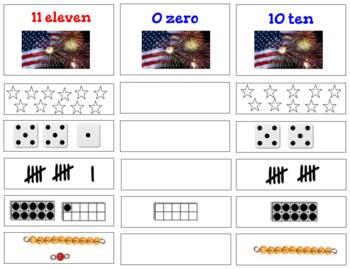 Preview of H231: FIREWORKS #0-11 (ten frame\beads\tally\dice\objects) 6 part cards (4pgs)