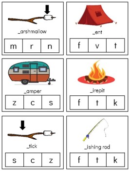 Preview of H287 (PDF): CAMPING (beginning sound) (w\words) clip cards (3pgs)