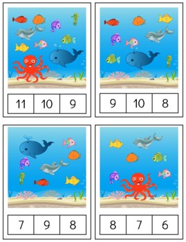 Preview of H303 (PDF): SUMMER|OCEAN (#0-11) counting quantities (clip cards) (3pgs)