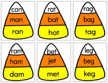 Preview of H319 (PDF): CANDY CORN (CVC|phonetic) (word family\rhyming) 3 part cards