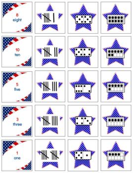 Preview of H483: FLAGS|STARS|RED|WHIITE|BLUE (#1-10) (tally|domino|ten frame) 4 part cards 