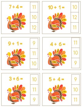 Preview of H601 (PDF): THANKSGIVING|TURKEY (adding) clip cards (sums: 9-20)