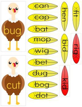 Preview of H634 (GOOGLE): TURKEY (feathers) rhyming|word families (5 part cards) (5pgs)