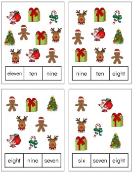 Preview of H742 (PDF): CHRISTMAS (#0-11 words only) counting clip cards (3pgs)