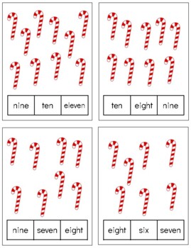 Preview of H744 (PDF): CHRISTMAS|CANDY CANE (0-11) (words only) counting cards