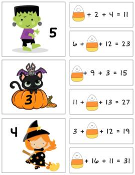 Preview of H841 (GOOGLE): HALLOWEEN/CANDY (adding 3 numbers) (sum: 10to33) missing addends