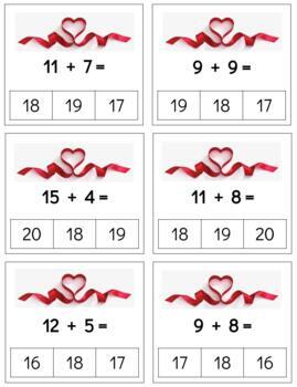 Preview of H893 (GOOGLE): VALENTINES adding/addition (clip cards) (sums:9-20) (4pgs)