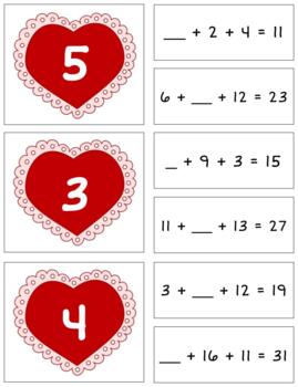 Preview of H899 (GOOGLE): VALENTINE (adding 3 numbers) (sum: 10to33) sorting cards (4pgs)