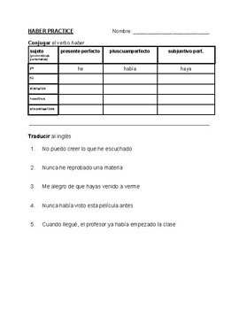 Preview of HABER Practice Present Perfect, Pluscuamperfecto and Present Perfect Subjunctive