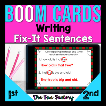 Preview of Digital BOOM CARDS™ for 1st Grade Morning Work | December Fix-It Sentences