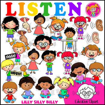 Preview of Listening Clipart. Full color and Black/ white images. {Lilly Silly Billy}.