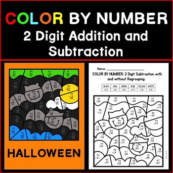 Preview of Addition and Subtraction with Regrouping 2 Digit COLOR BY NUMBER Halloween Theme