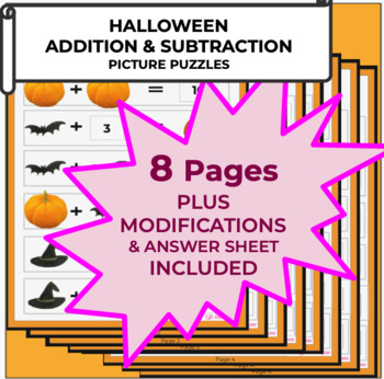 Preview of HALLOWEEN  ADDITION + SUBTRACTION PICTURE PUZZLE BUNDLE!  Do Now or Class Lesson
