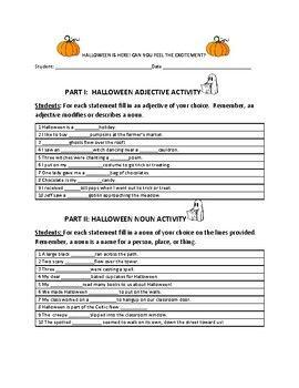 Preview of HALLOWEEN ADJECTIVE & NOUN ACTIVITY: GRADES 4-8, ELA & ESL