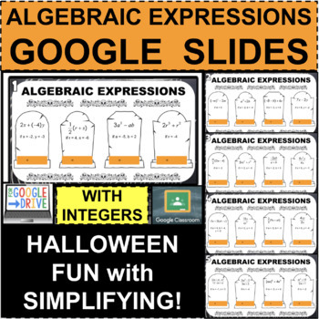 Preview of HALLOWEEN Algebraic Expressions TASK CARDS GOOGLE SLIDES Distance Learning