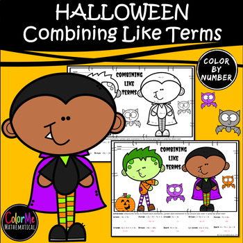 Preview of HALLOWEEN Basic Algebra - Combining Like Terms Worksheet - Color by Number