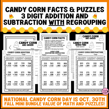 Preview of THANKSGIVING|CANDY CORN|3-Digit Additon & Subtraction|Puzzles|Activities|Bundle