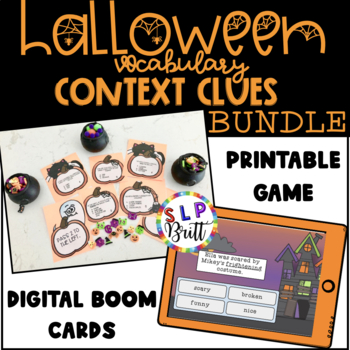 Preview of HALLOWEEN CONTEXT CLUES DIGITAL BOOM CARDS & PRINTABLE GAME (SPEECH THERAPY)