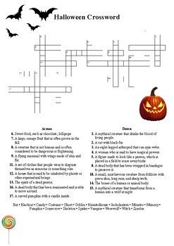 HALLOWEEN Crossword Puzzle, Word Search and Matching Worksheet Activity