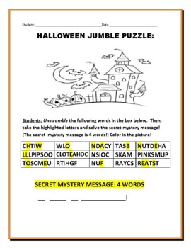 Preview of HALLOWEEN JUMBLE PUZZLE  W/ ANSWER KEY   GRS. 4-12, ESL