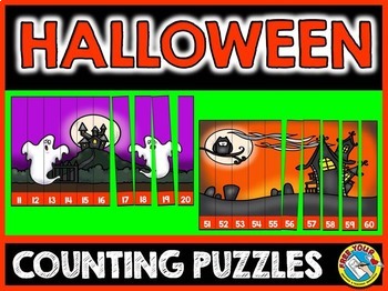 Preview of HALLOWEEN MATH CENTER 1ST 2ND GRADE COUNTING PUZZLES NUMBER ORDER TO 120 TUB BIN