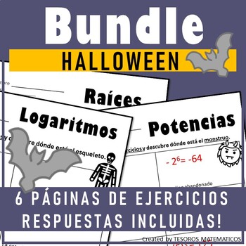 Preview of HALLOWEEN MATH BUNDLE 6 GUIAS POTENCIAS RAICES LOGARITMOS