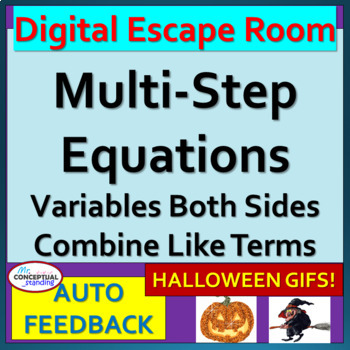 Preview of HALLOWEEN Multi-Step Equations | Variables Both Sides & Like Terms | Escape Room