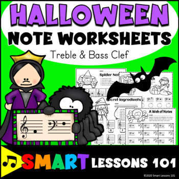 Preview of HALLOWEEN Note Name Worksheets Treble Clef Bass Clef Activity Music Worksheets