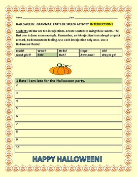 Preview of HALLOWEEN:PARTS OF SPEECH:  INTERJECTIONS/ ACTIVITY GRS. 4-8, ESL