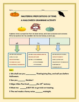 Preview of HALLOWEEN: PREPOSITIONS OF TIME: A GRAMMAR ACTIVITY: GRADES 4-7,  ESL