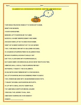 Preview of HALLOWEEN RHYMING PUMPKIN MYSTERY: A FUN ADDITION ACTIVITY