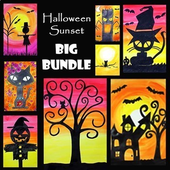 Preview of HALLOWEEN SUNSET BIG BUNDLE | 8 EASY Drawing & Watercolor Painting Projects