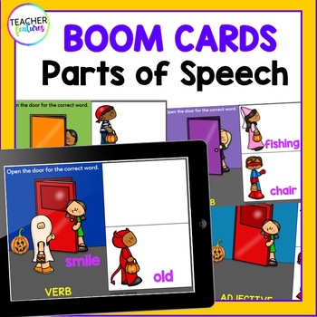 Preview of HALLOWEEN Trick or Treat BOOM CARDS PARTS OF SPEECH with Adjectives Nouns Verbs