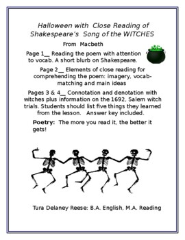 Preview of HALLOWEEN WITH CLOSE READING OF SHAKESPEARE'S SONG OF THE WITCHES