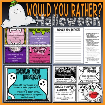 Preview of HALLOWEEN WOULD YOU RATHER ACTIVITIES | 40 NO-PREP WRITING SHEETS | CARDS | PPT