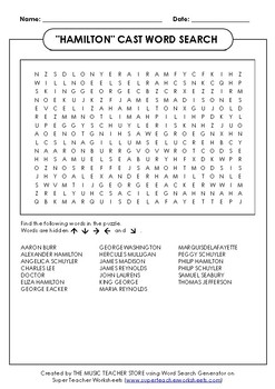 Preview of HAMILTON BROADWAY MUSICAL WORD SEARCH PUZZLE